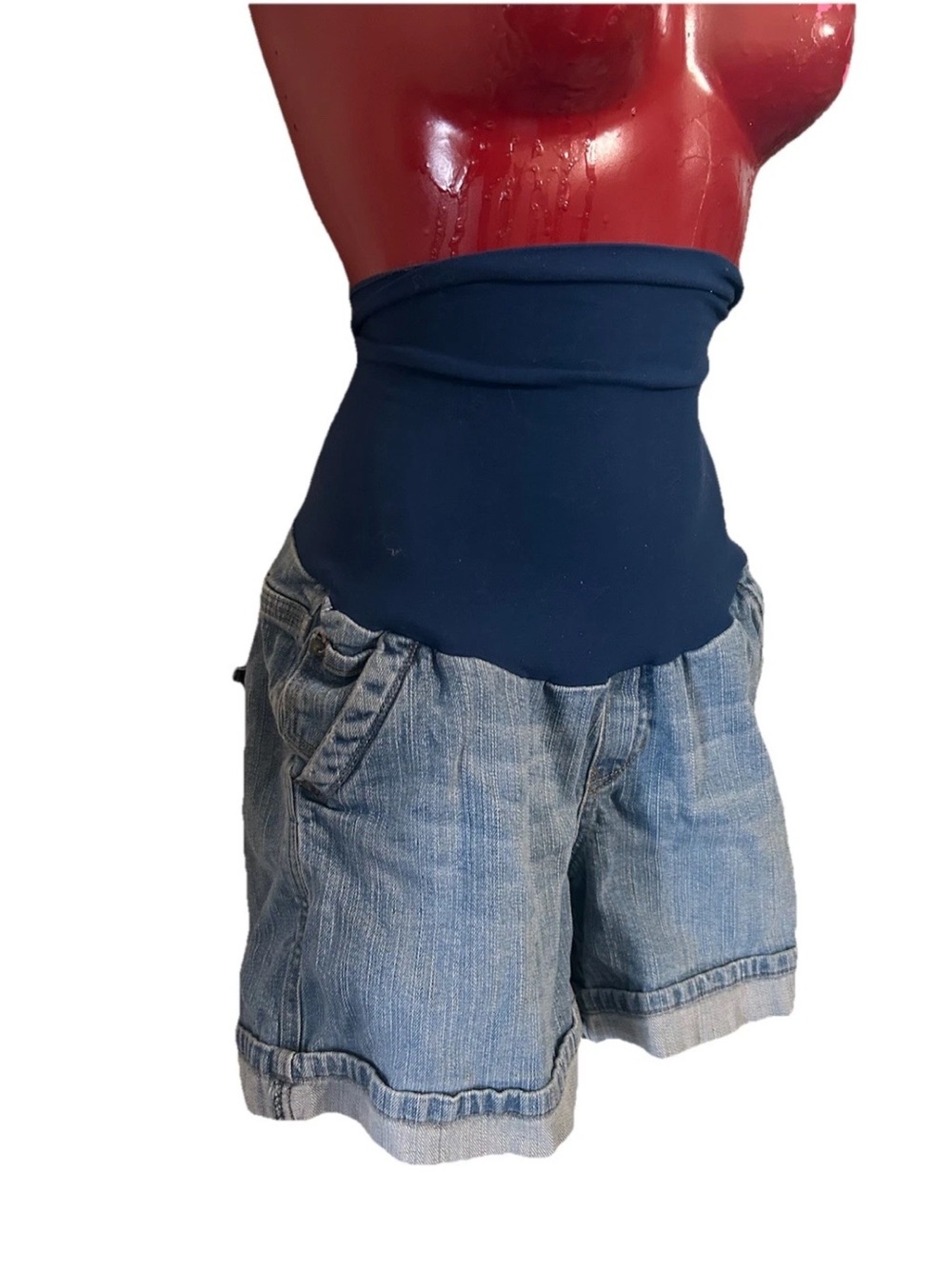 WOMENS MOTHERHOOD MATERNITY SHORTS SIZE LARGE L - DENIM CUFFED  5" INSEAM